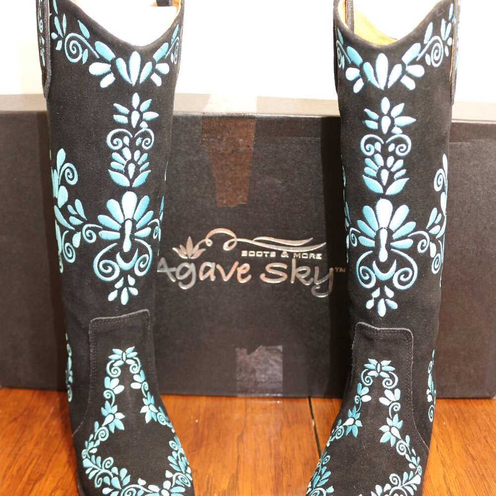 New Agave Sky Charro Black Suede Turquoise Embroidered Women’s Boots. Ask: $185.
